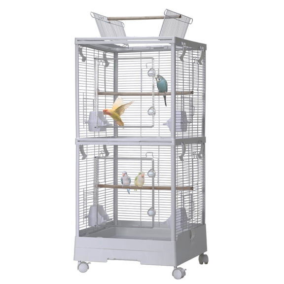 40" 2-In-1 Small Bird Cage with Wheels - Indoor Outdoor Convertible Metal Parrot Cage with Top Stand, Slide-Out Tray, Perches & Bowls, Travel Carrier & Aviary for Cockatiels, Lovebirds, Budgies,White