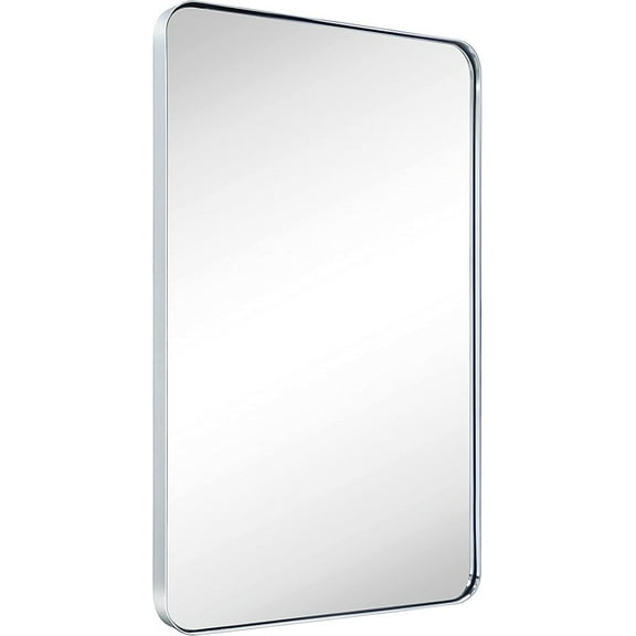 24x36'' Chrome Metal Framed Bathroom Mirror for Wall in Stainless Steel Rounded Rectangular Bathroom Vanity Mirrors Wall Mounted