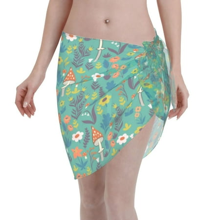 Disketp Mushrooms And Flowers Women Swimsuit Cover Up Short Chiffon Summer Beach Sarong Bikini Wrap Skirt Bathing Suit