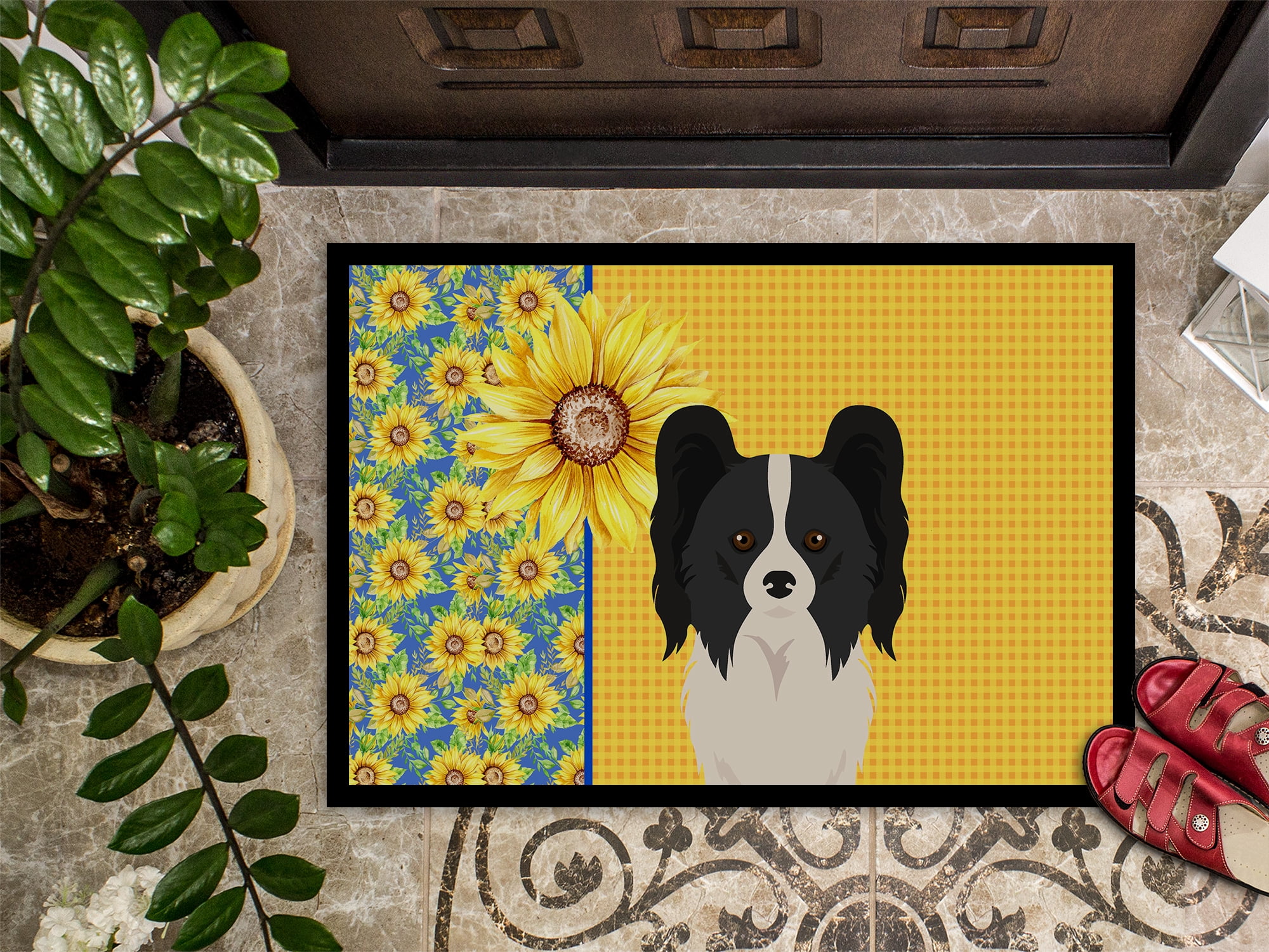 Carolines Treasures WDK5449JMAT 24 x 36 in. Summer Sunflowers Black & White Papillon Indoor or Outdoor Mat