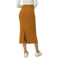 thumbnail image 3 of INSPIRE CHIC Women's Elastic High Waist Slit Hem Stretchy Classic Midi Skirts M Khaki, 3 of 6
