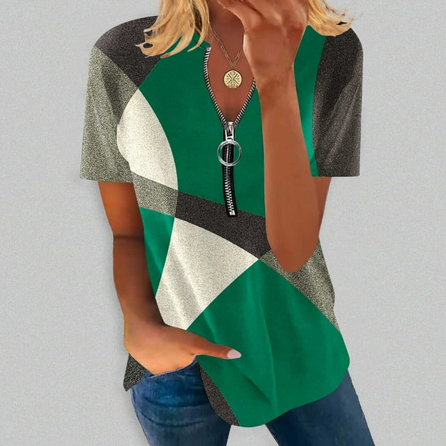 Fiudx Camisas de Mujer Blusa Informal de Manga Corta con Cremallera y Cuello Redondo para Mujer