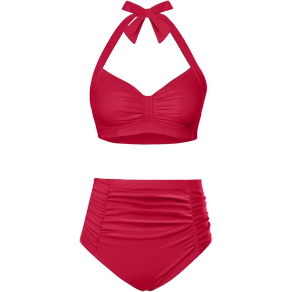 Women High Waisted Bikini Set Two Piece Swimsuit Tummy Control Bathing Suit Vintage Halter Swimwear, Red Crimson, Large
