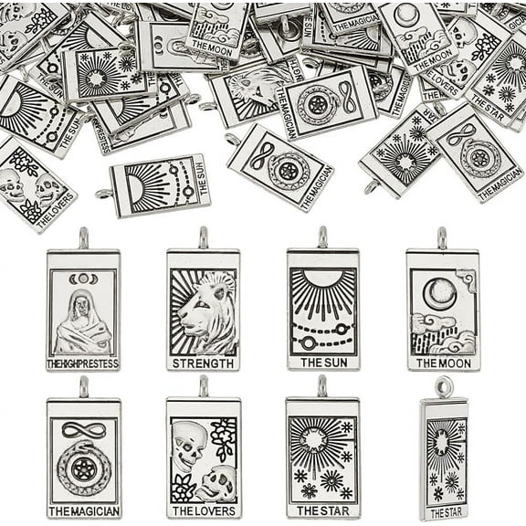 70Pcs Metal Tarot Card Charms 26mm Silver Sun Moon Tarot Card Pendants Rectangle Tarot Card Dangle Pendants Tibetan Style Charms