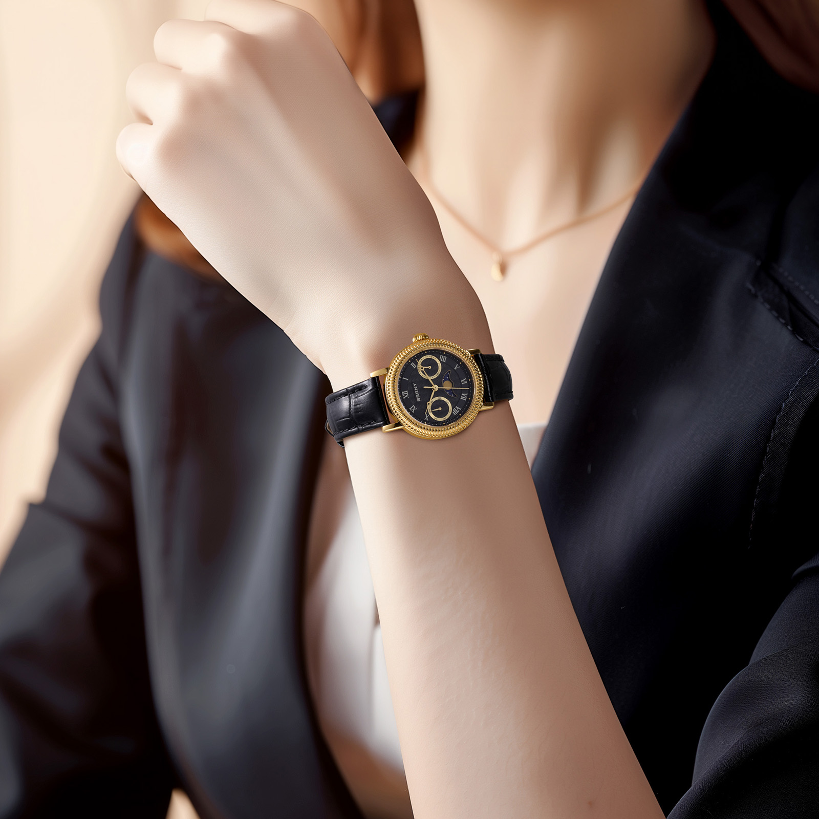 BERNY Womens Leather Watch, Vintage Roman Numerals Luxury Moon Phase Watch with Day & Date, Stainless Steel, Sapphire Crystal, Waterproof, Fashion Dress Analog Quartz Wrist Watches for Women (Gold)