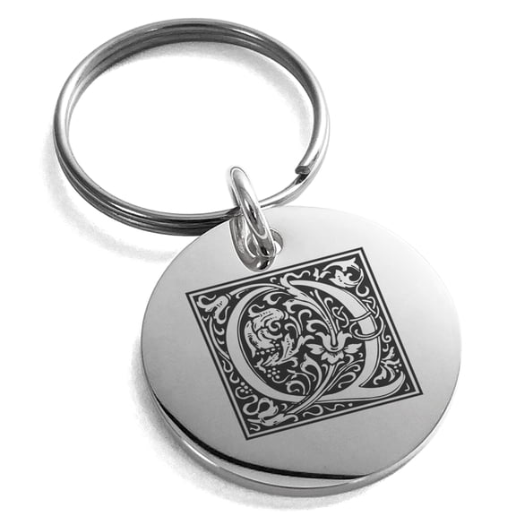 Stainless Steel Letter Q Initial Floral Box Monogram Engraved Small Medallion Circle Charm Keychain Keyring