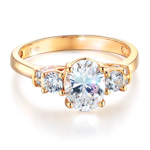 Wellingsale Ladies Solid 14k Yellow Gold Polished CZ Cubic Zirconia Oval Cut Three 3 Stone Engagement Ring - Size 4