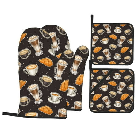 

Oven Mitts and Pot Holders Sets 4 pcs - Bread & Coffee Print Black Heat Resistant Silicone Oven Gloves with Non-Slip Silicone Surface and hot pads for kitchen Baking Cooking BBQ