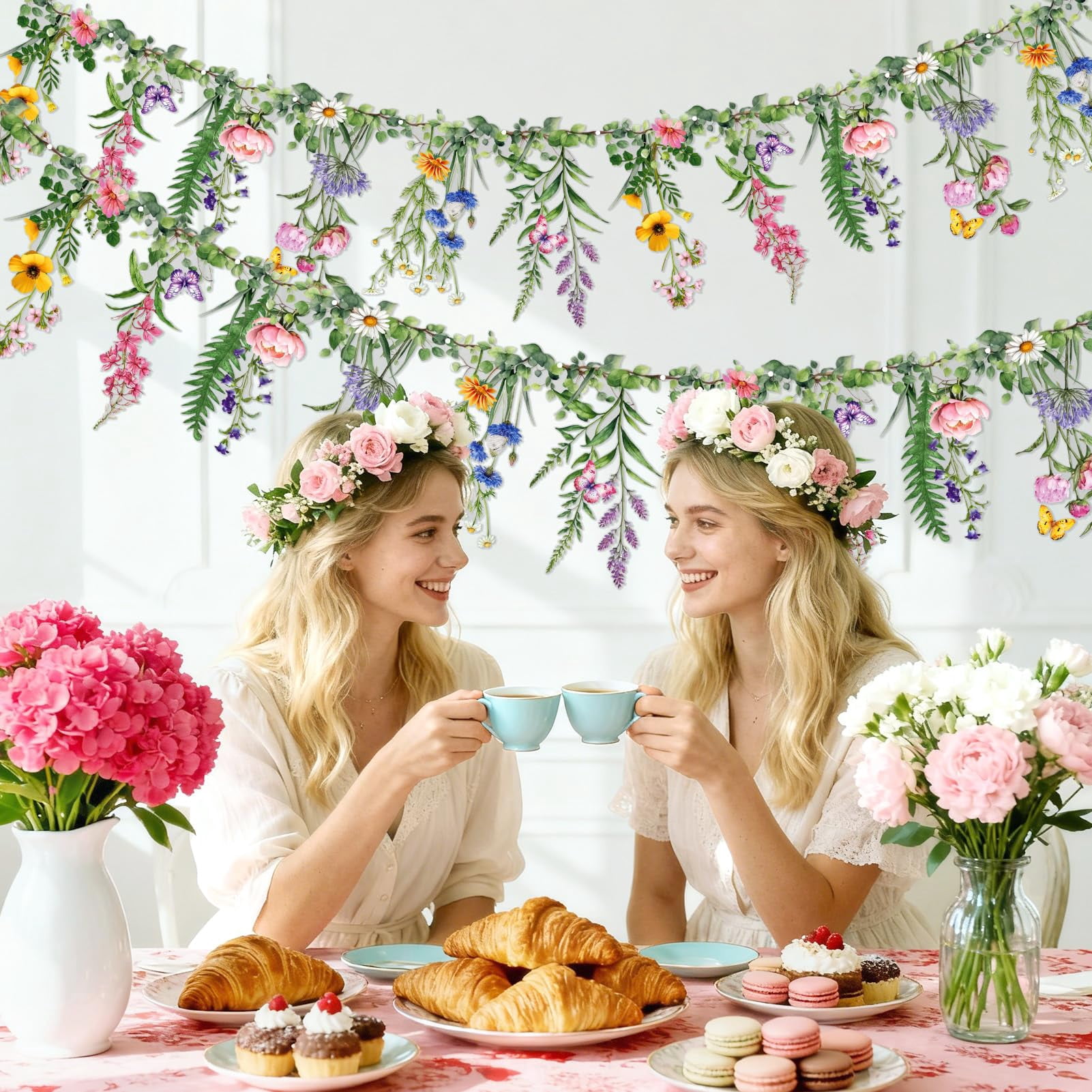Wildflower Banner 2 Pcs Garden Party Flower Spring Summer Reusable Waterproof Garland 9.8ft For Enchanted Woodland Tropical Wedding Baby Shower Birthday Tea Supplies Girl Decorations
