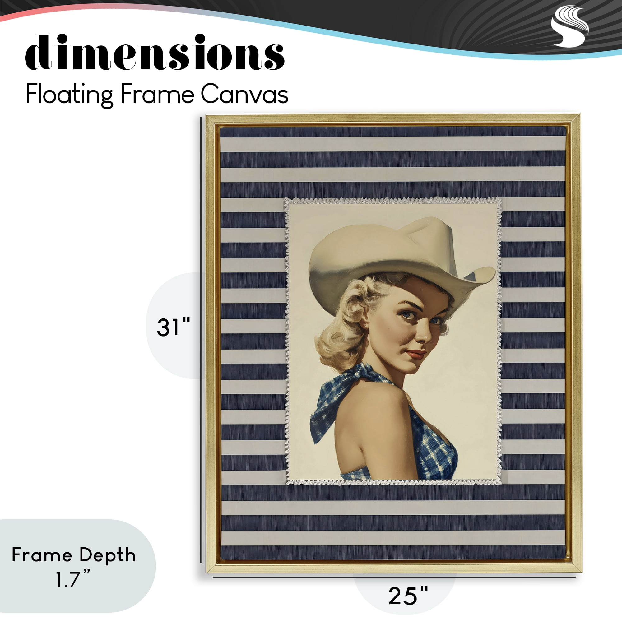 Stupell Industries Retro Cowgirl Stripes Gold Framed Floater Canvas Wall Art, design by Arlington Prints