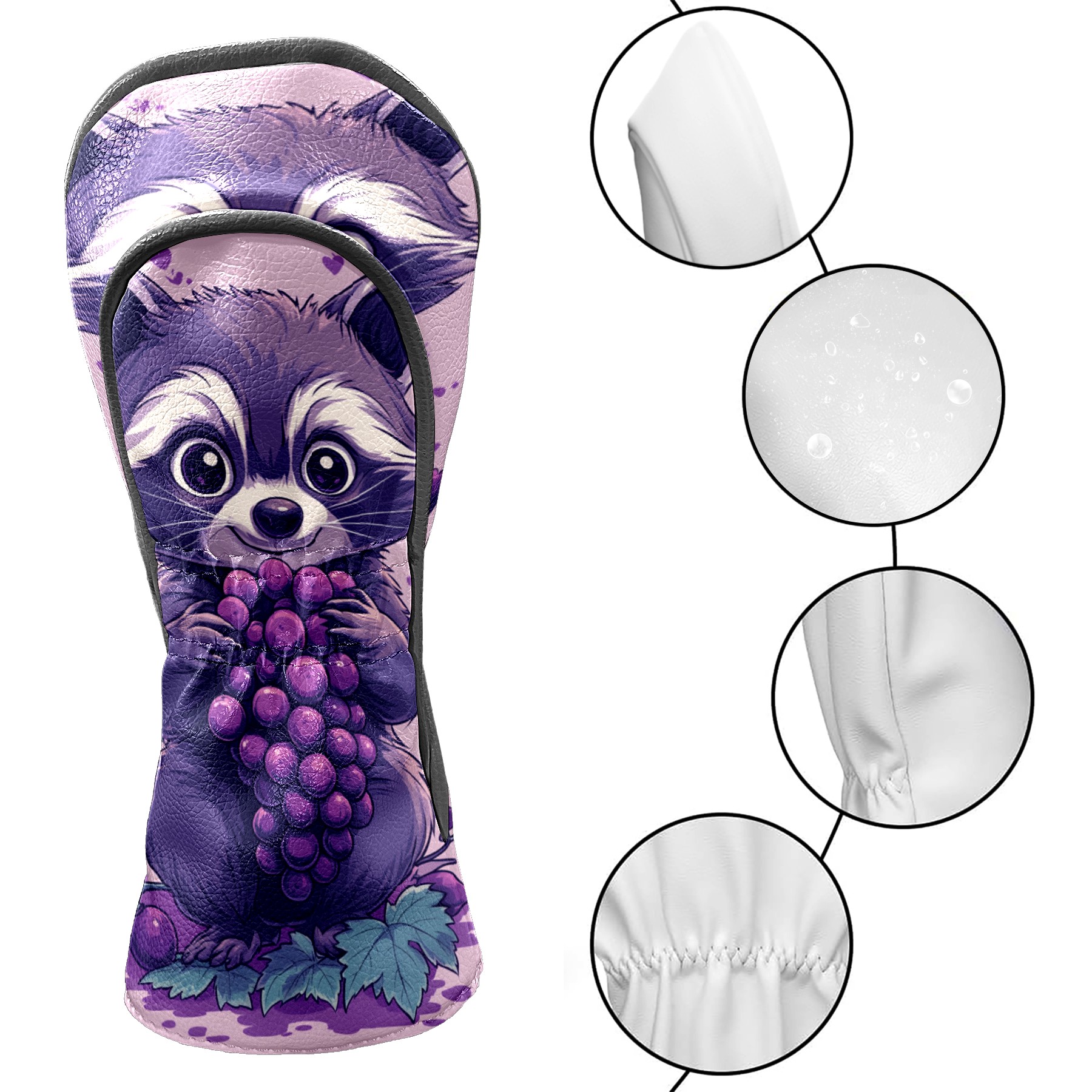 Golf Club Covers PU Leather Waterproof Head Covers for Fairway Woods Hybrids Cartoon Raccoon Grapes