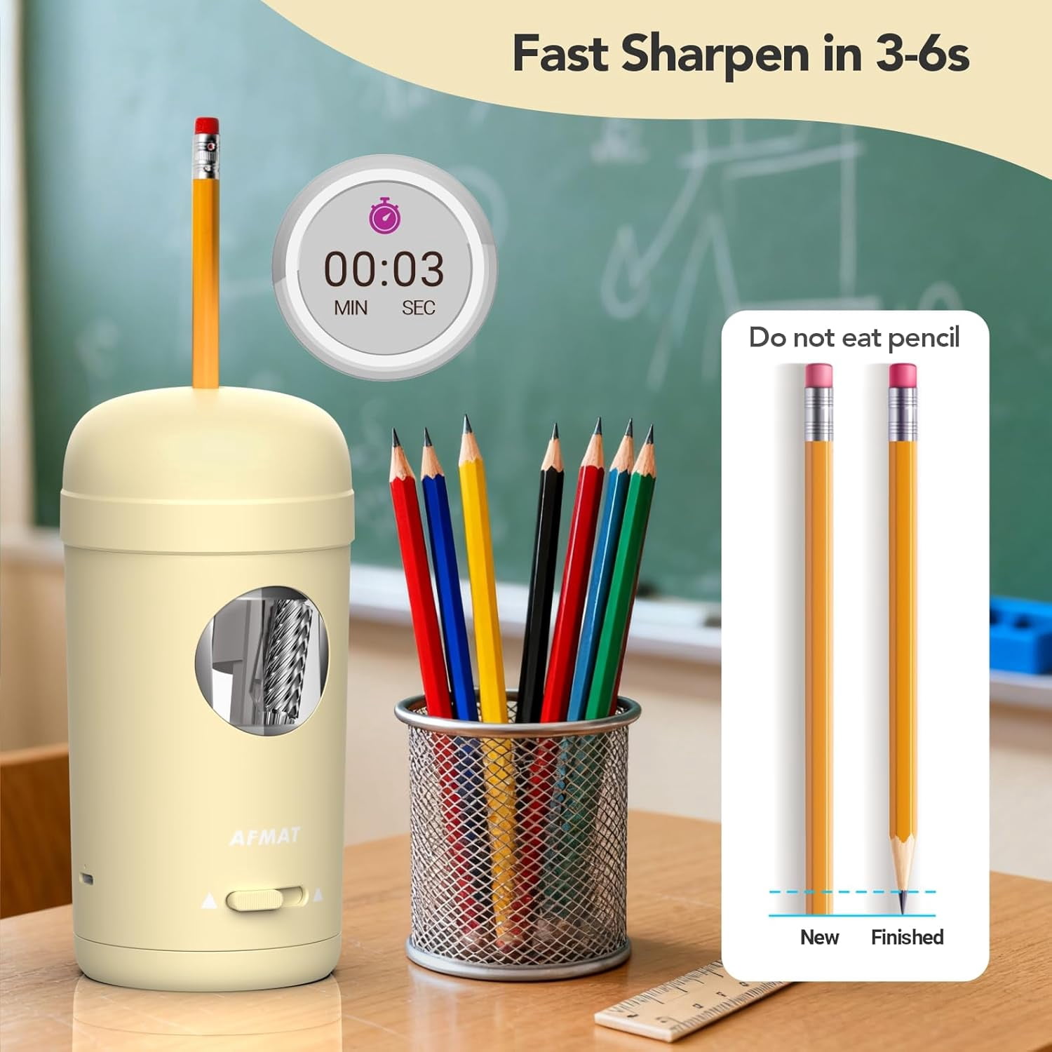 AFMAT Electric Pencil Sharpener, Fully Automatic Pencil Sharpener for 7-8mm Pencils & Colored Pencil, Auto in & Out, Rechargeable Vertical Hands-Free Sharpeners for Classroom/Home/Office,Yellow