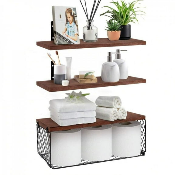 Brown Bathroom Floating Shelves Over Toilet, 15.7in Farmhouse Rustic Wood Shelves
