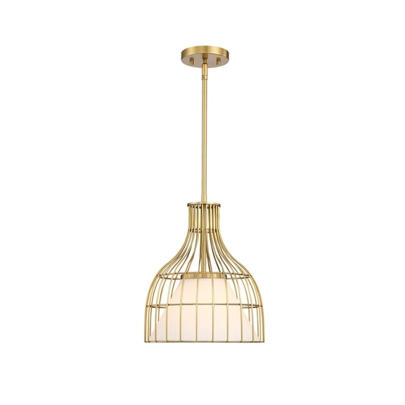 Evensong 60 Watt 1-Light Brushed Gold Bell Pendant with Etched Opal Glass Shade and Metal Outer Cage