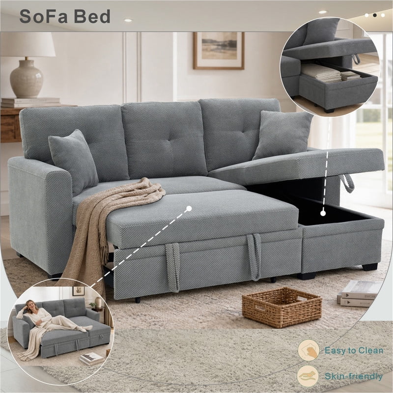 Convertible Sleeper Sectional Sofa with Pull-Out Bed & Reversible Chaise, Loveseat Couch with Hidden Storage for Small Spaces