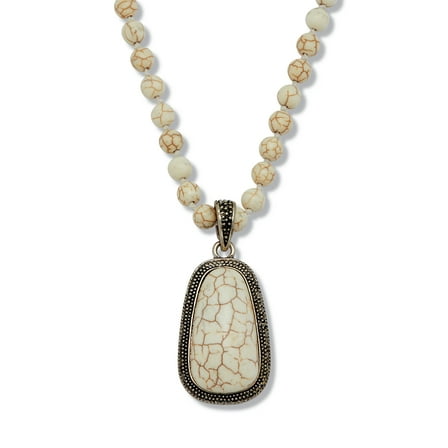 Genuine Howlite Antiqued Silvertone Beaded Drop Pendant Necklace 34-inch