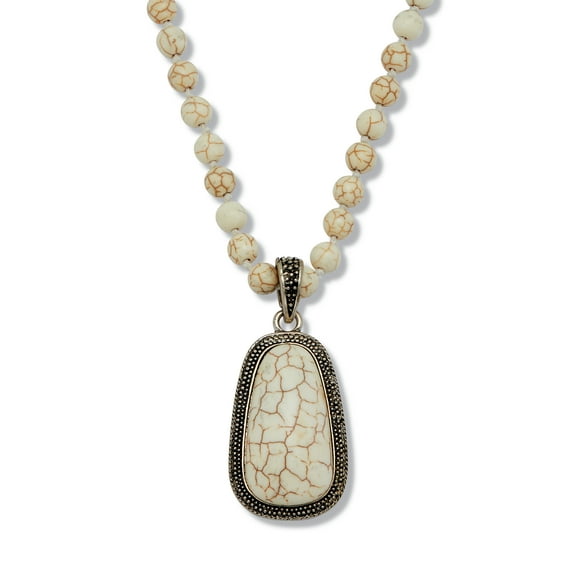 Genuine Howlite Antiqued Silvertone Beaded Drop Pendant Necklace 34-inch