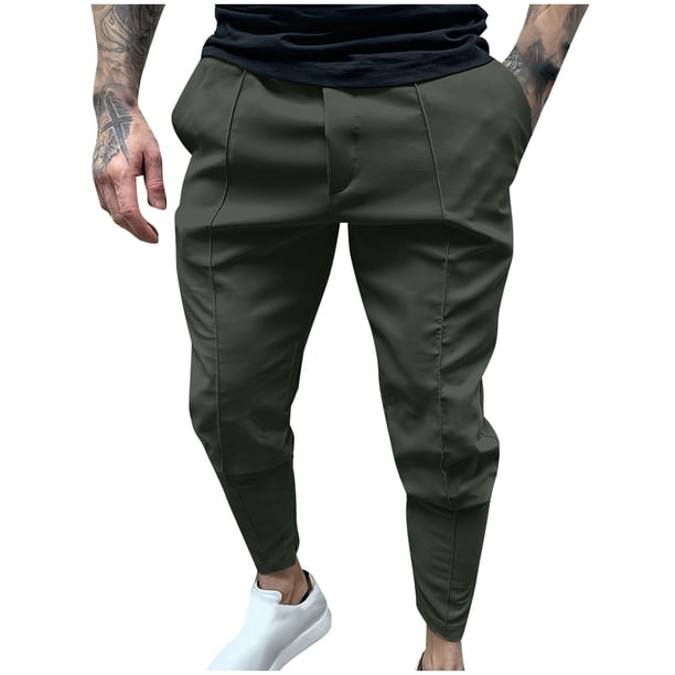 Pantalones largos para hombre, elásticos, de color liso, con cremallera, múltiples bolsillos, cintura elástica, cordón ajustable, de poliéster.