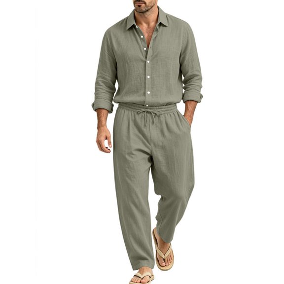 Delconic Mens Two Piece Outfit Long Sleeve Button Front Shirt and Drawstring Straight Leg Pants Casual Vacation Set Army Green L