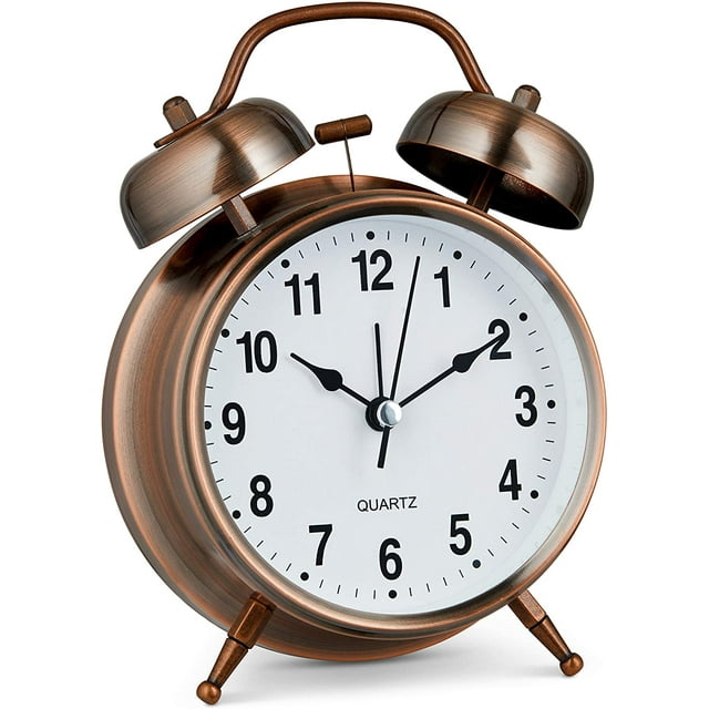 Analog Alarm Clock Twin Bell Retro Copper Metal 4" Extra Loud Quartz Battery Operated with Backlight for Bedside Table Vintage Silent Non-Ticking Old fashioned Decorative Desk Clocks