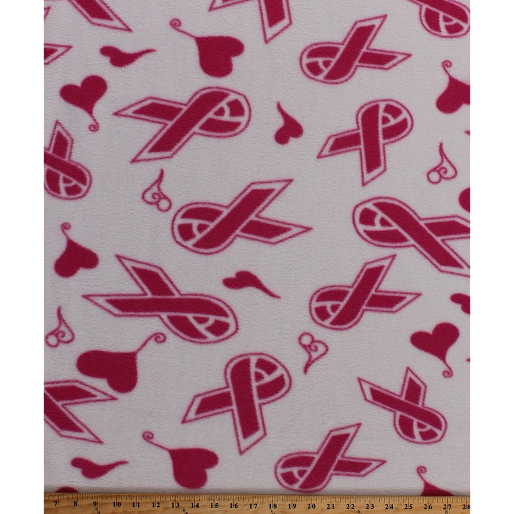 Fleece Pink Ribbons Breast Cancer Awareness Ribbons Hearts on White Fleece Fabric Print by the