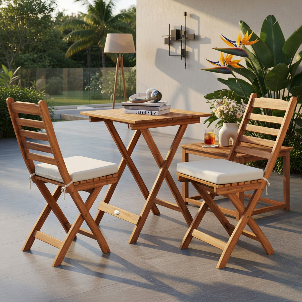 Hommoo Acacia Wood Folding Chair and Table Set with Cushions, 2 Chairs + 1 Table, Outdoor Patio Furniture for Backyard, Balcony & Poolside, White