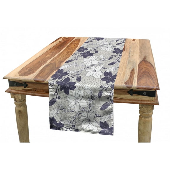 Vintage Table Runner, Abstract Background with Wavy Lines Magnolia Blossoms and Buds, Dining Room Kitchen Rectangular Runner, 3 Sizes, by Ambesonne