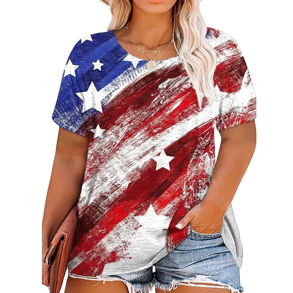 XCHQRTI American Stars Stripes Women Plus Size Tshirt 4th of July Patriotic Tee Short Sleeve 2x-5x