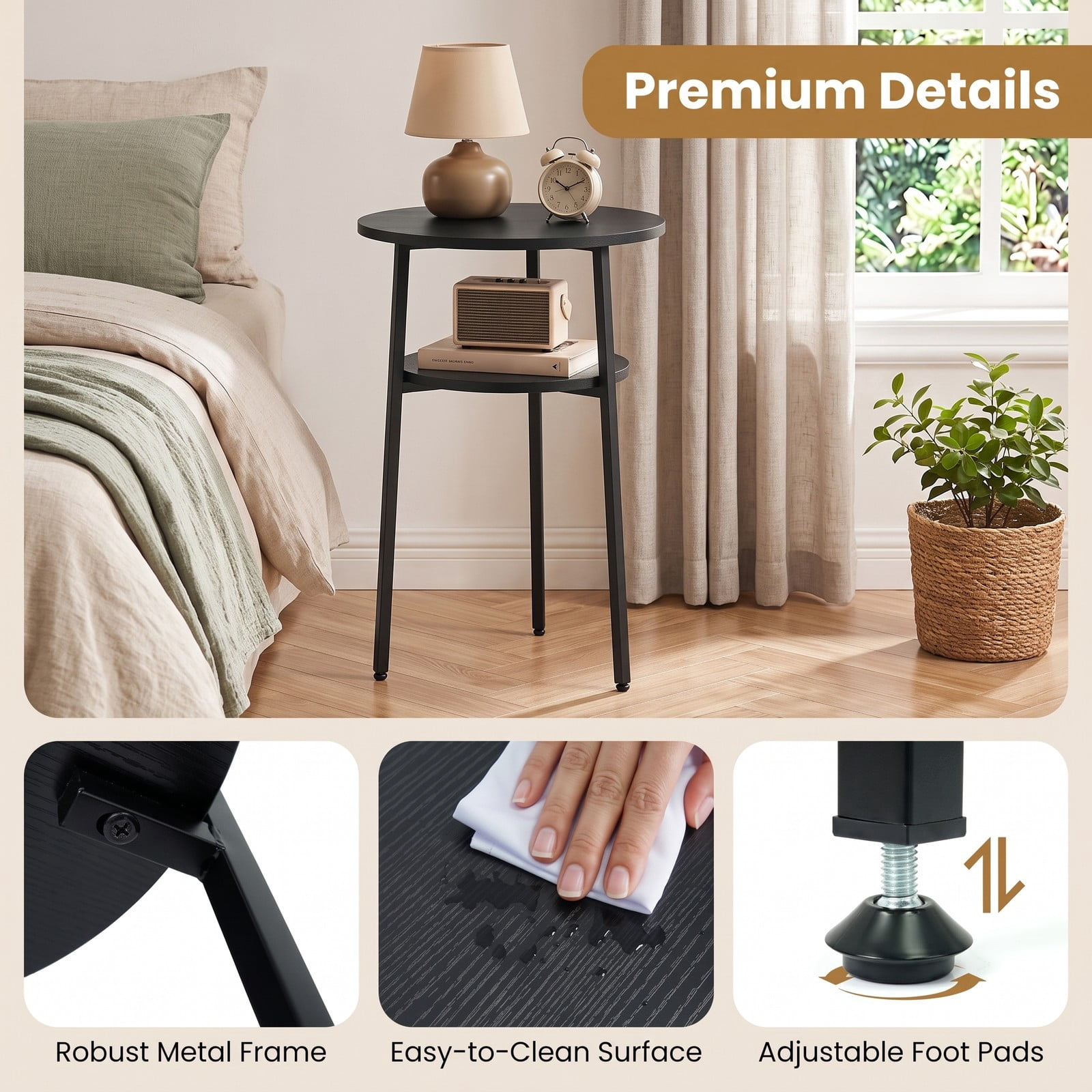 Furnibear Set of 2 Round Side Table with Storage Shelf and Metal Frame, 2-Tier End Table Nightstand for Living Room Bedroom Small Spaces, Black