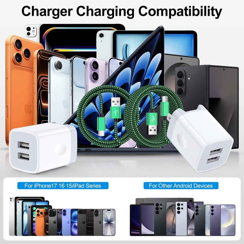 Foldable Plug Dual USB Port Wall Charger Block 2.4A with 6FT Type C Cable, Fast Phone Charger Station Compatible with iPhone 17/16/15 Pro Max, iPad Pro, Galaxy S26, Android, Green