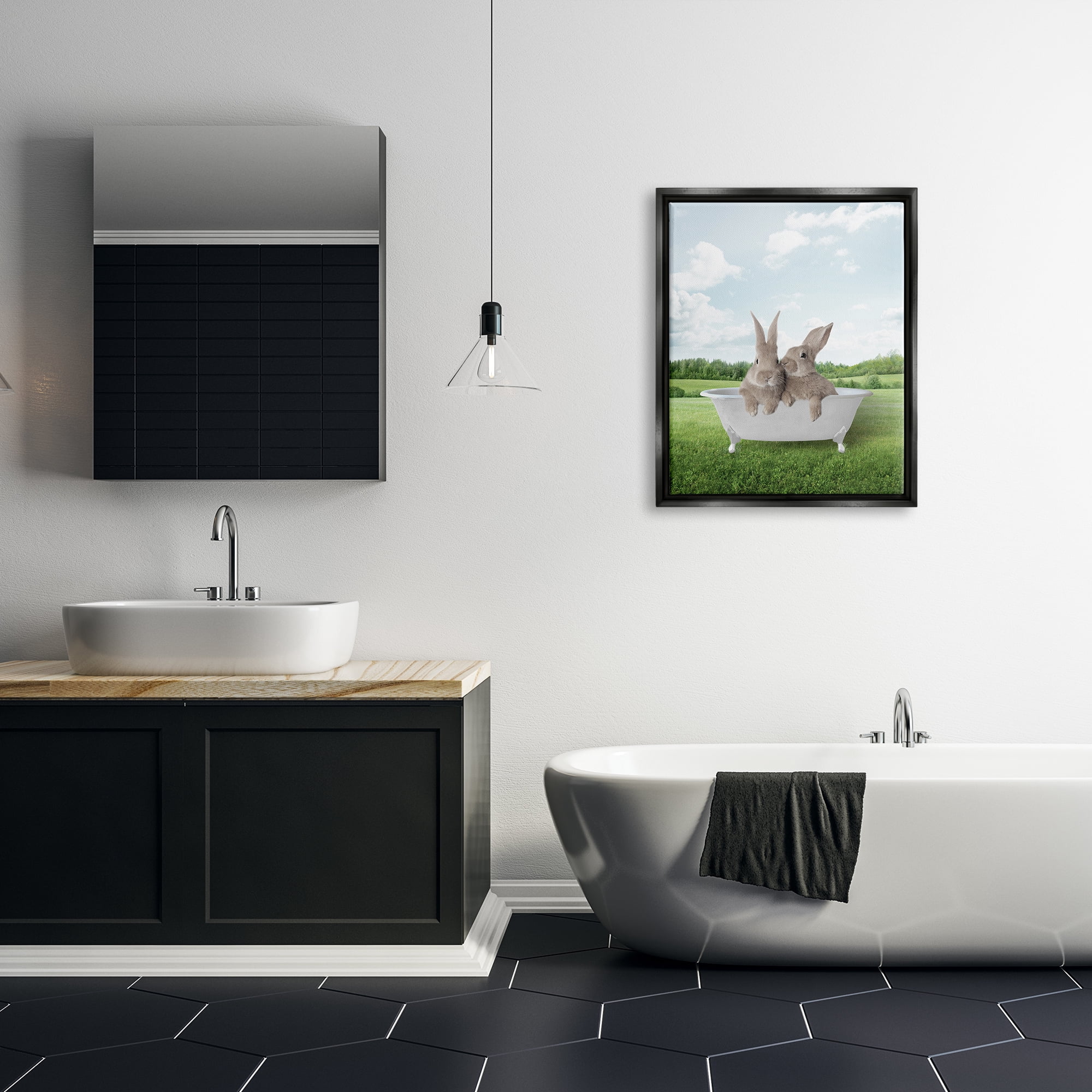 Stupell Industries Bunnies in Tub Landscape Nature Painting Black Floater Framed Art Print Wall Art, 25 x 31