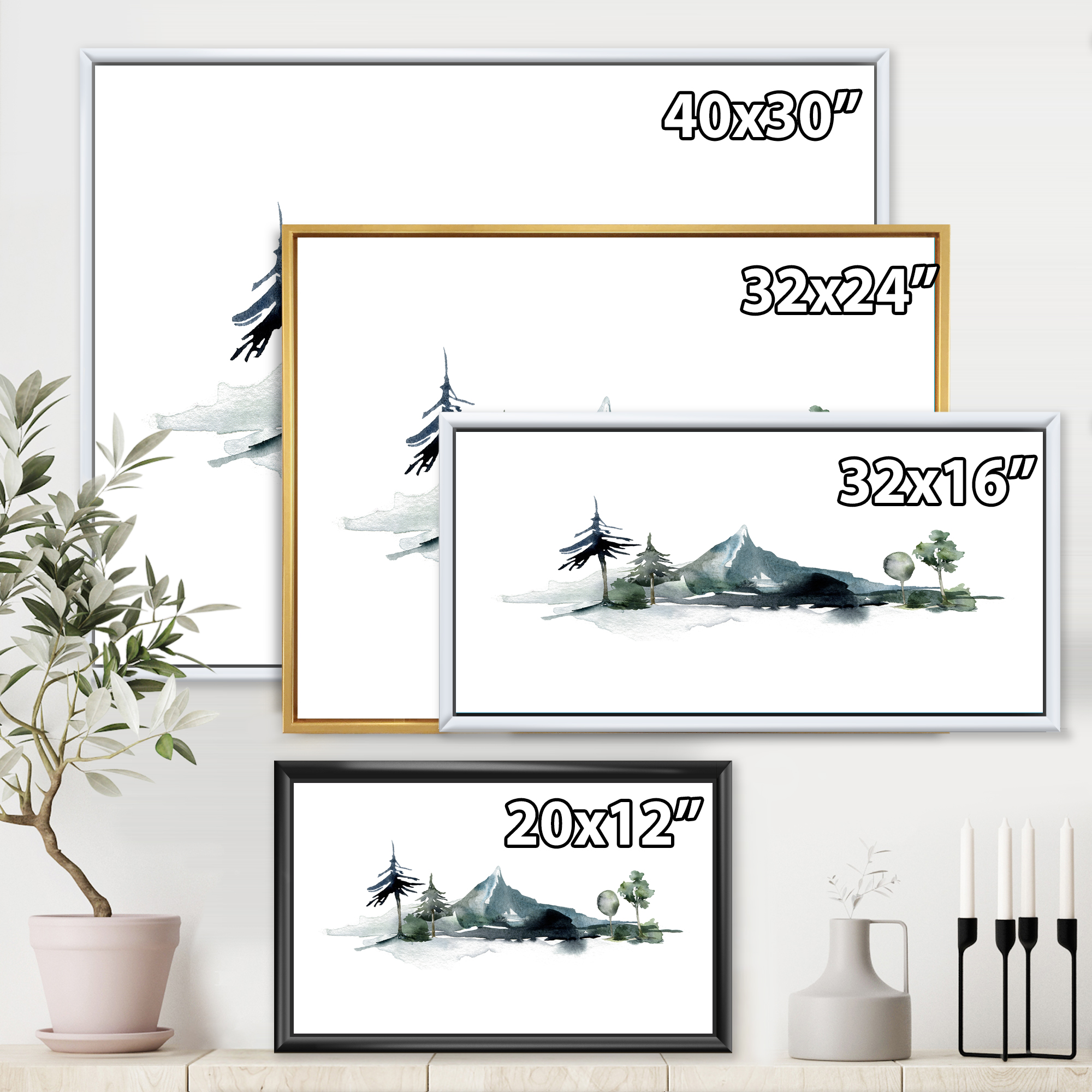Designart 'Minimalistic Fir Forest and Winter Mountains II' Modern Framed Canvas Wall Art Print