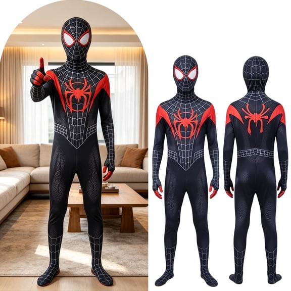 Hero Spider Pattern Brand New Day Black Halloween Costume Full Bodysuit Superhero Jumpsuit with Mask for Halloween Party Role Play Show Black 100