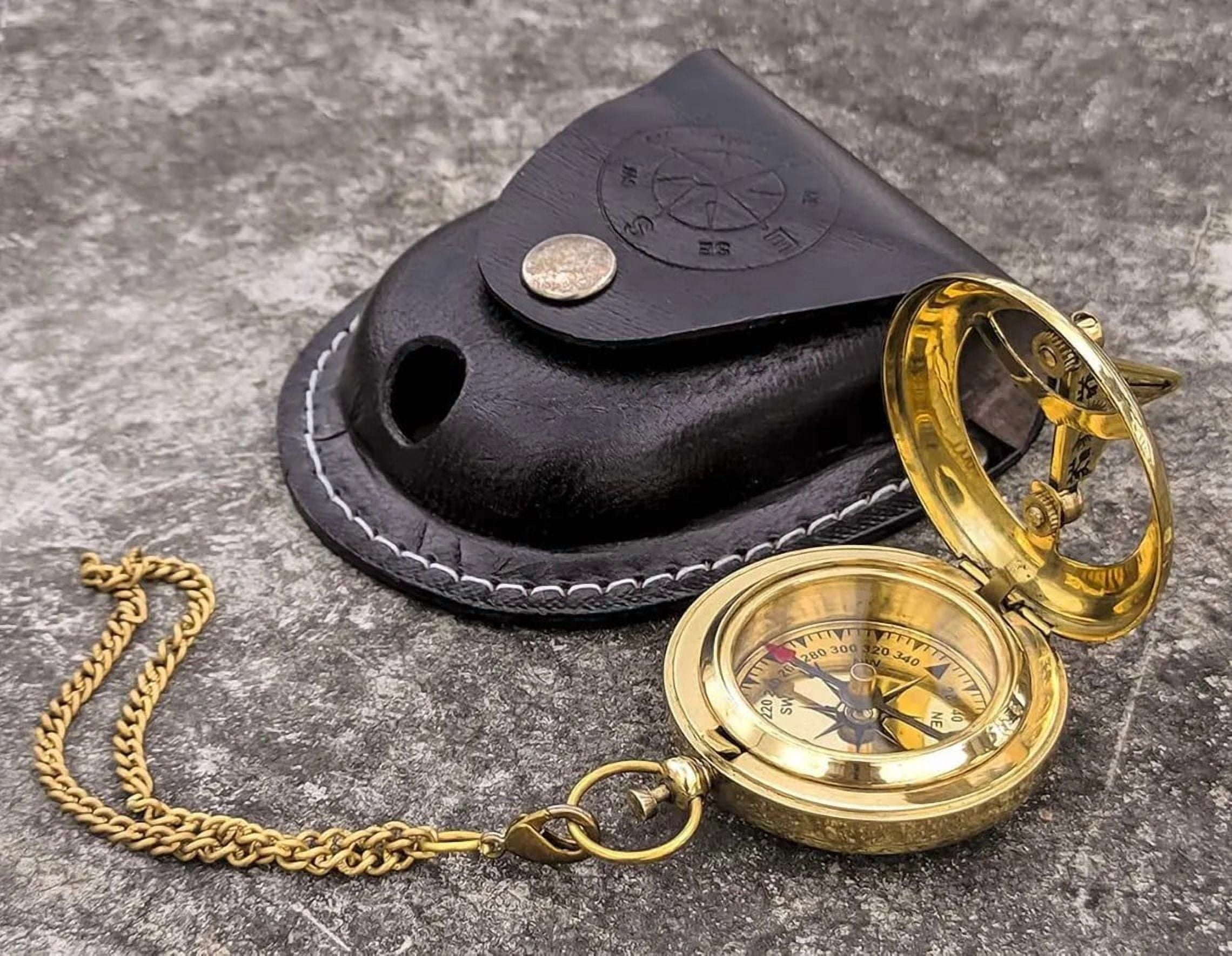 Antique Brass Pocket Compass Vintage Nautical Maritime Gift with Leather Case