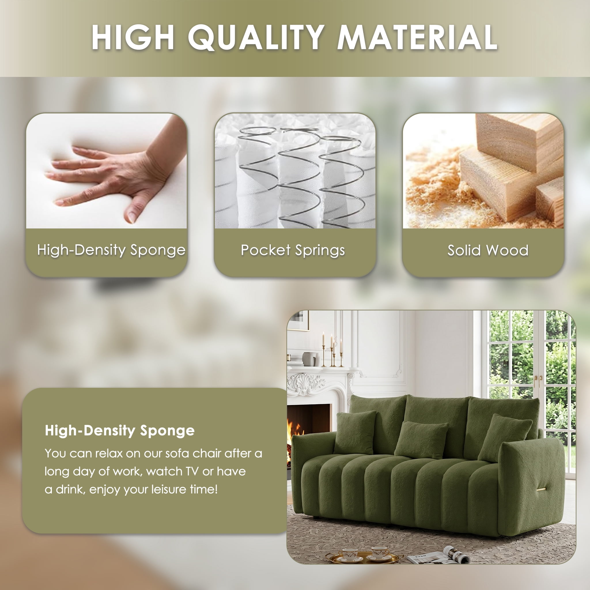 AISWORD Modern Sofa Couch, Comfy Deep Seat Teddy Cloud Sofa, Upholstered 3-Seater Boucle Couch with Pillows, Green