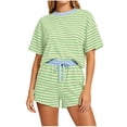 thumbnail image 2 of ZyeKqe 2 Piece Summer Sets for Women Striped Crewneck Short Sleeve Shirts Casual Drawstring Shorts Loungewear Pajamas Outfits, 2 of 6