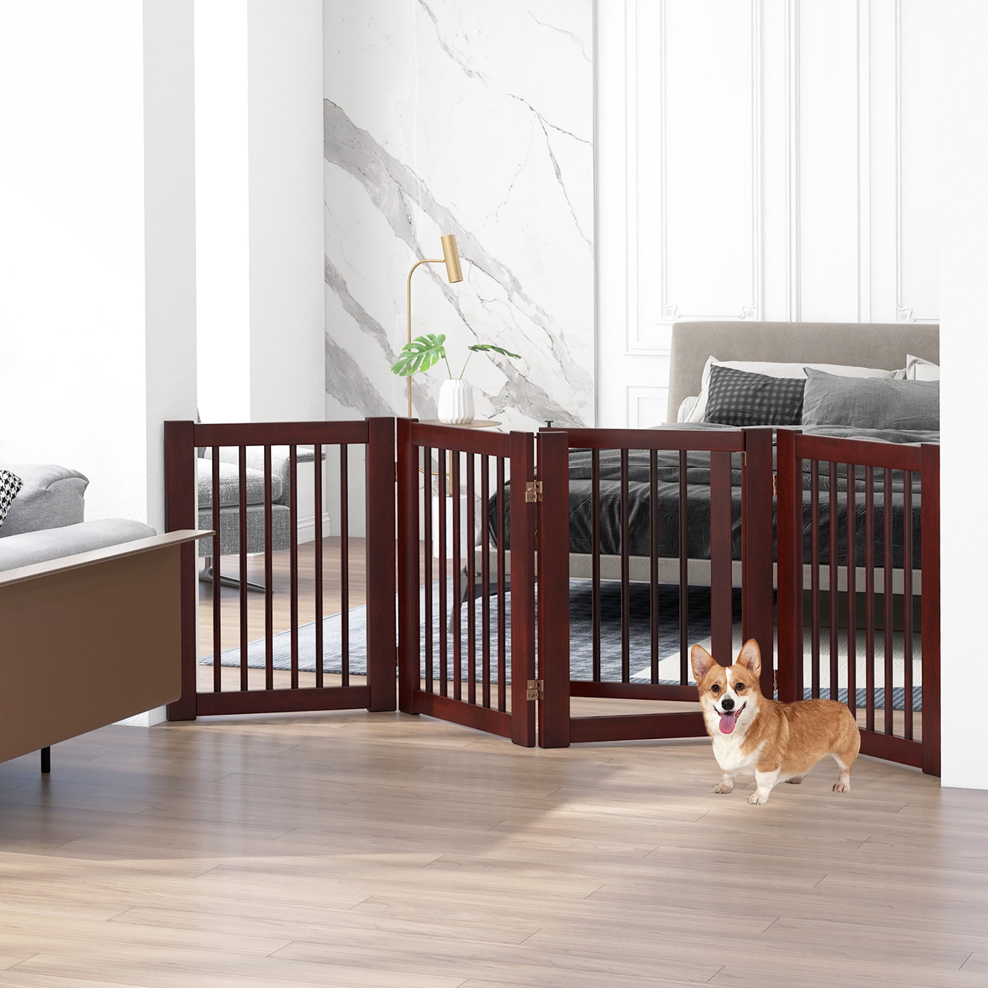 Gymax Freestanding Pet Gate 30'' Tall 4-Panel Wooden Dog Fence Solid Wood Foldable