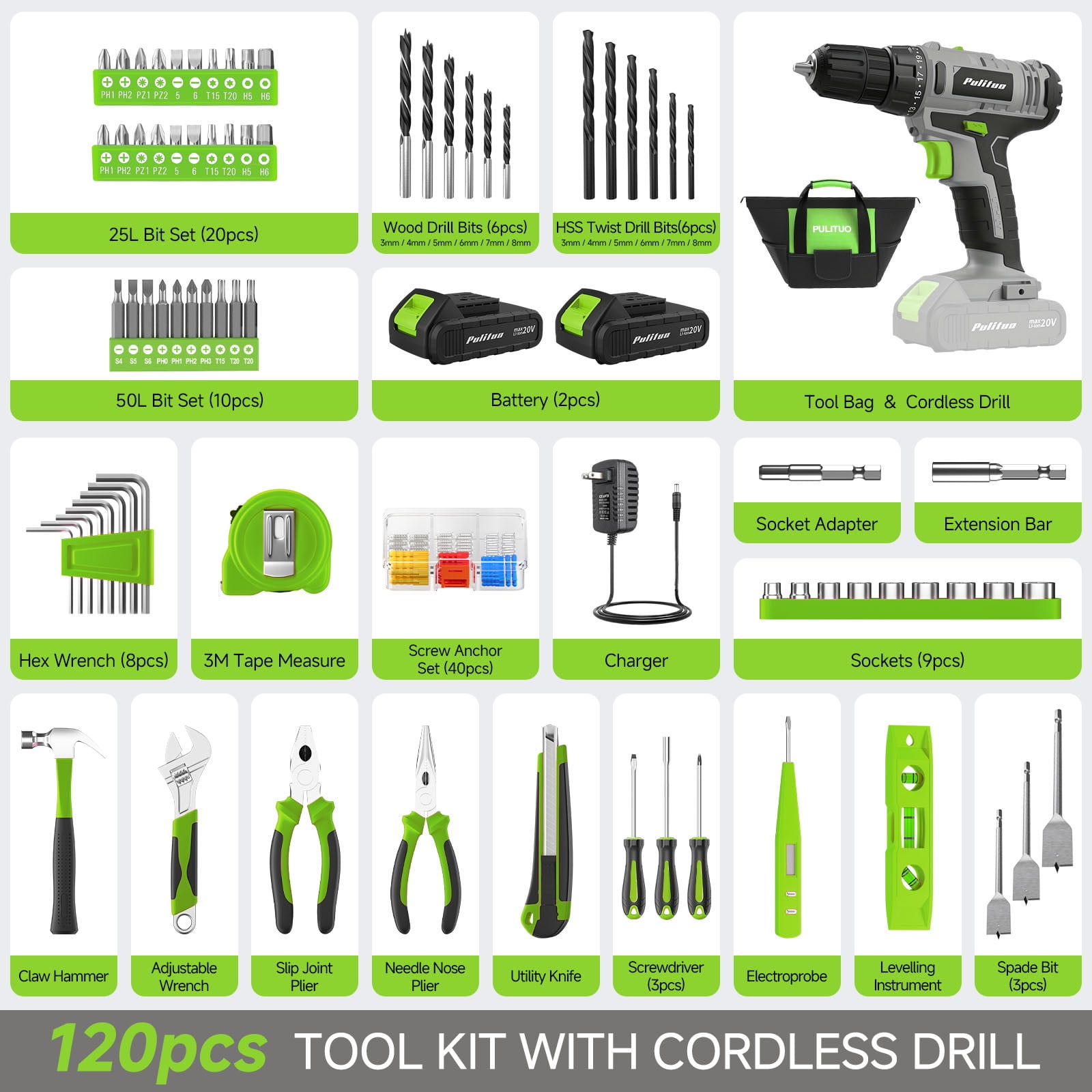 Pulituo 20V Cordless Drill Driver Kit, Home Tool Set with 20V Lithium-Ion Drill, 2pcs Battery, 120PCS All-Purpose Kit, 21+1 Torque, 2-Speed, DIY & Home RepairsGreen