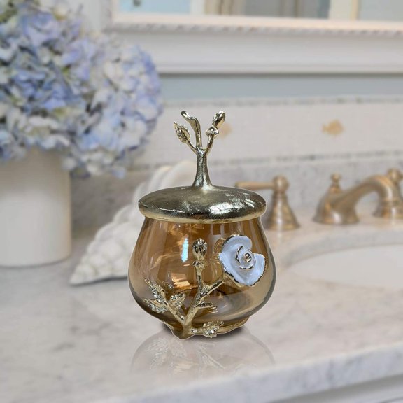 Decozen Enamelled Collection Cotton Ball Holder Gold Finish Pearl Enamel Containers Cotton Balls