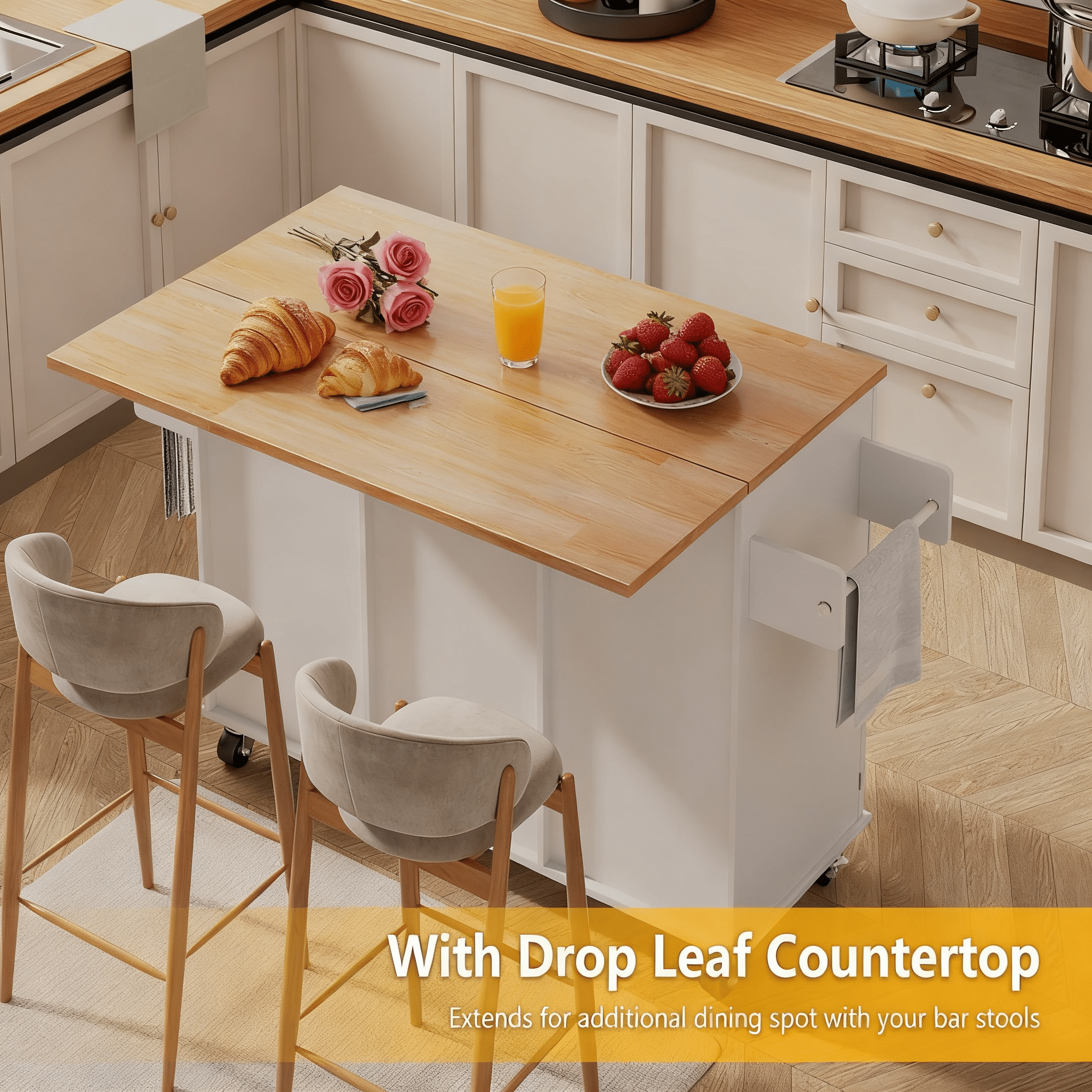 Rolling Kitchen Island Cart with Storage Cabinet & Drop Leaf, Mobile Kitchen Island on Wheels with Drawers, Spice Rack & Towel Holder, Farmhouse Butcher Block Countertop, 51.5" Kitchen Storage Table