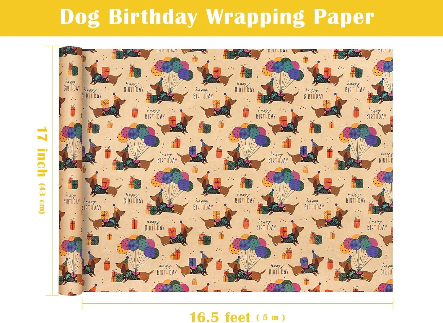 Kraft Dog Birthday Wrapping Paper Roll - Mini Roll - 17 Inch x 16.5 Feet - Dachshund Dog Wrapping Paper Perfect for Kids Boys Girls Birthday, Dogs Lover