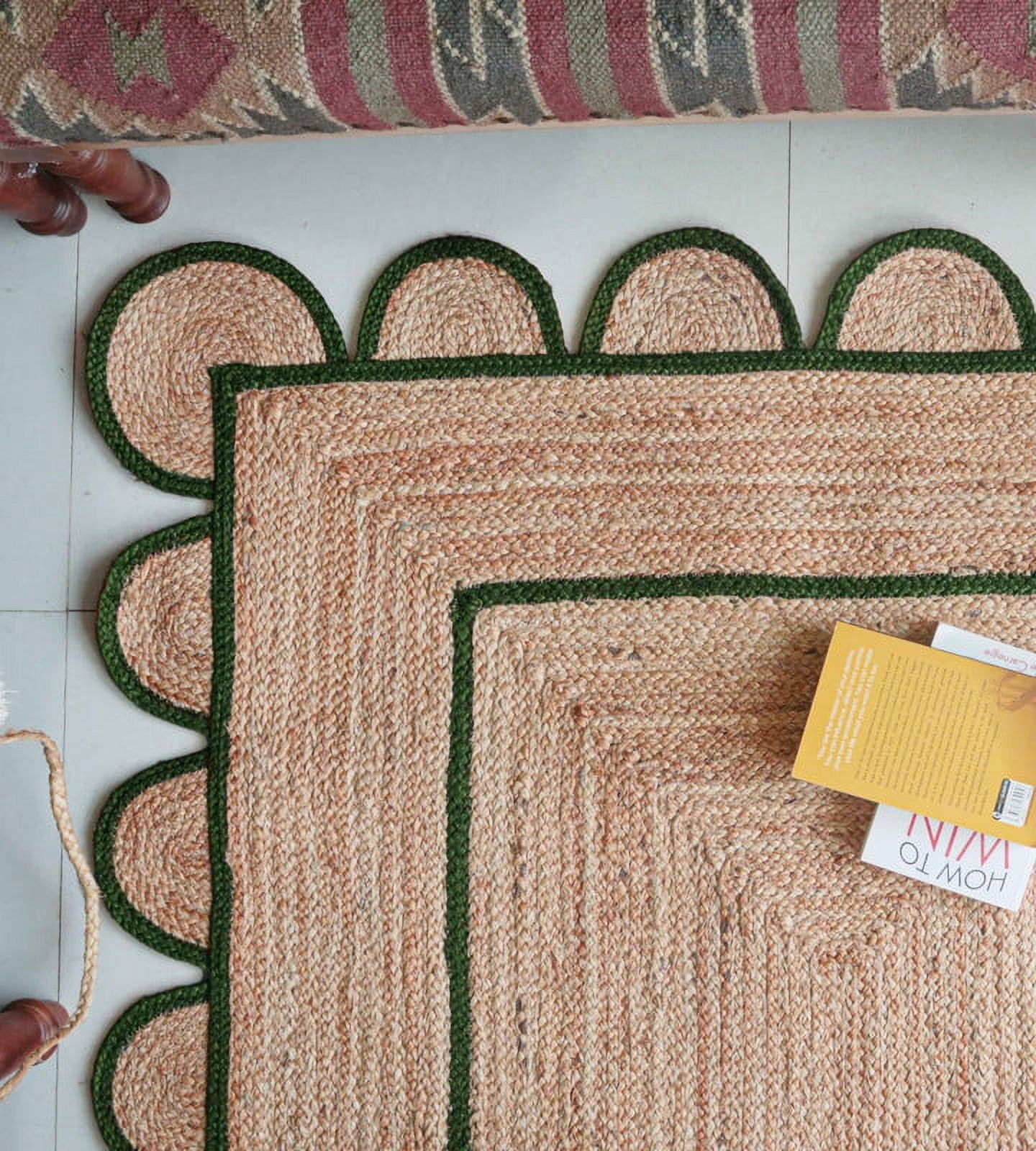 Area Rug Natural Jute Hand Braided Rug Green Scalloped Runner