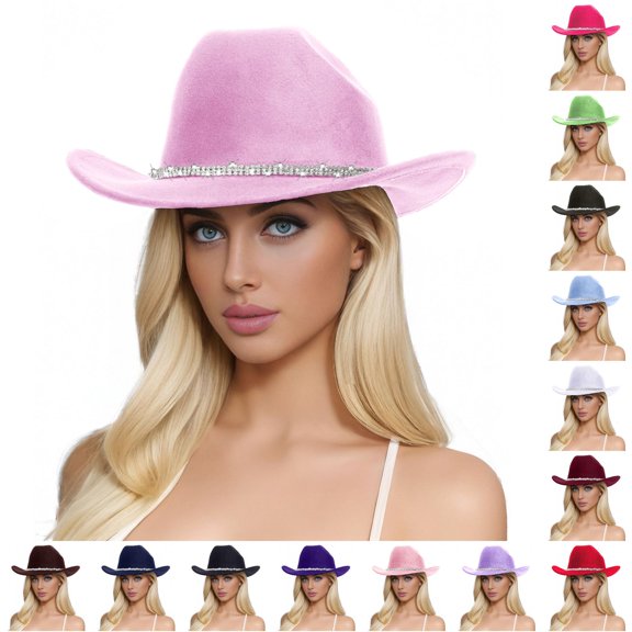 HNMKIU Unisex Woolen Western Cowboy Top Hat Featuring Rhinestone Embellishments For Men And Women Light Pink,One Size