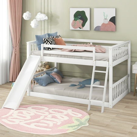 JINS&VICO Full over Full Low Bunk Bed  Full Size Solid Wood Floor Bunk Beds Wooden Bunk Bed Frame with Guardrails  Convertible Slide and Ladder  for Kids Children  No Box Spring Needed  White