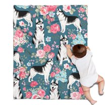 Husky Dog Flower Floral Blanket,Comfortable Soft Flannel Throw Blanket,All Season,Warm Lightweight Blankets for Sofa Bed Couch Living Room Chair,30"x40"(80x100cm)