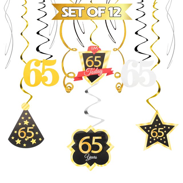 Lingteer Decoraciones De Feliz Cumpleaños 65 - 12 Piezas De Serpentinas De Remolinos De Papel De Aluminio Negro Y Dorado Para Cumpleaños Saludos A 65 Años Cumpleaños Fiesta Regalo Decoraciones Letrero