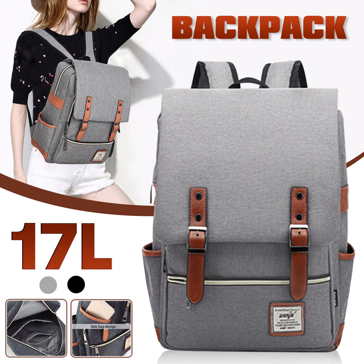 17L Multipocket Design Zipper Canvas Men Women Laptop Backpack for