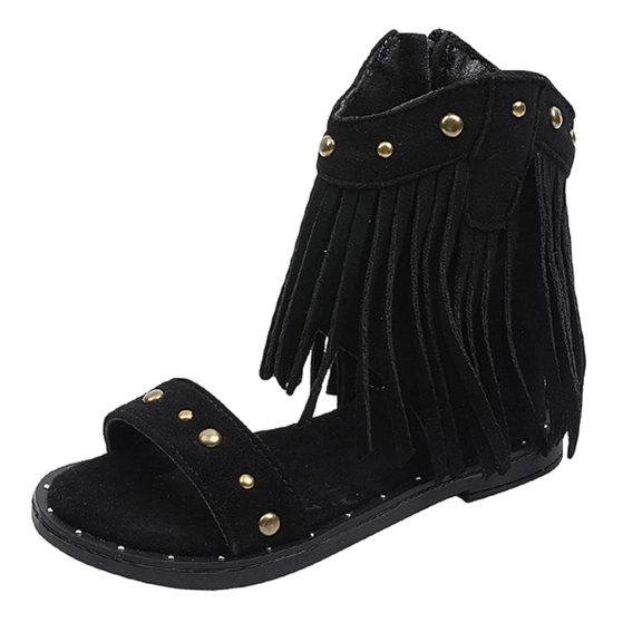 Girls Bohemian High Top Tassel Sandals, Open Toe Studded Retro Shoes with Side Zipper, Soft Rubber Sole for Summer, Sizes 26-35