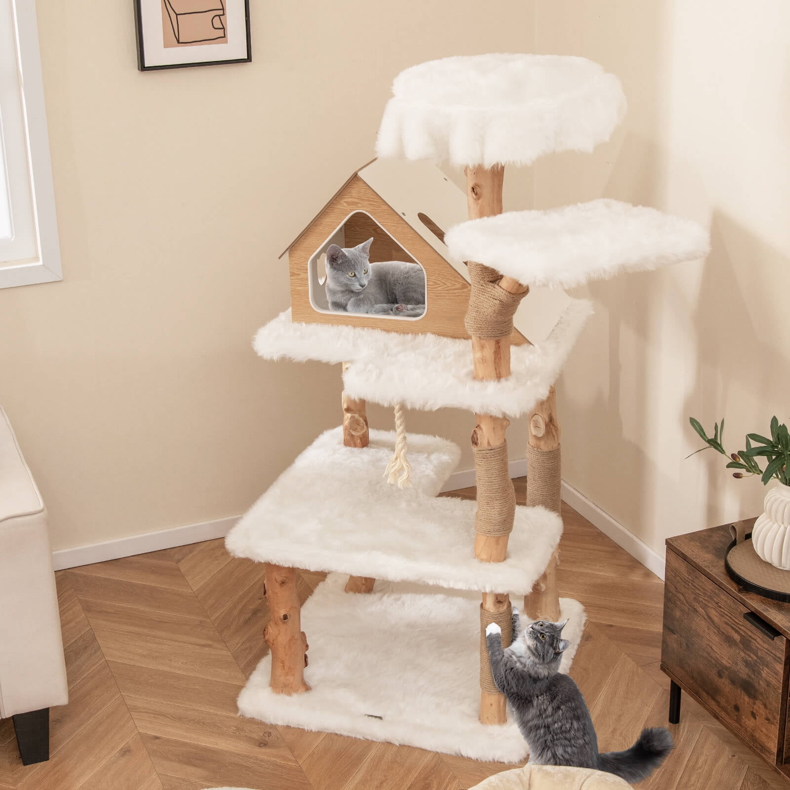Infans 60" Tall Solid Wood Cat Tree w/ 2 Perches Condo Jute Scratching Posts Sisal Rope