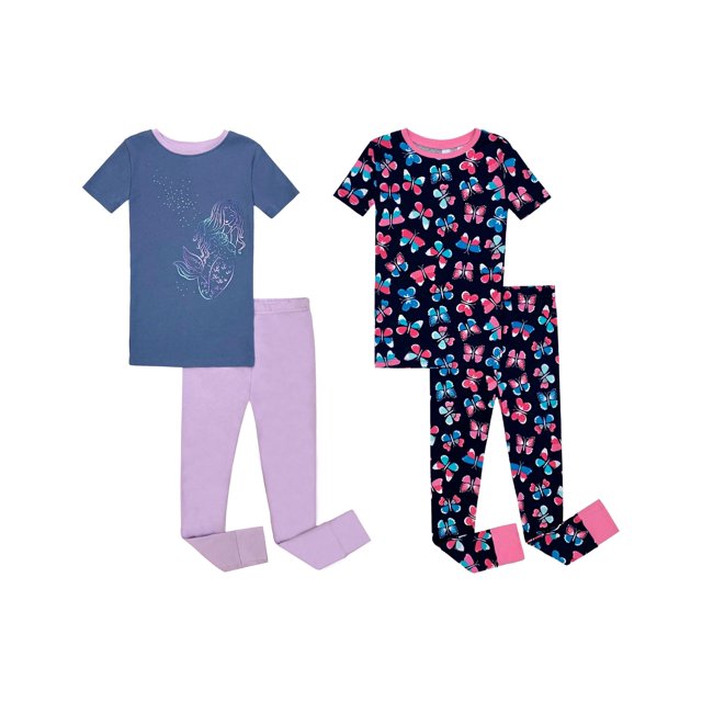 Prestigez Girls' Snug-Fit Organic Cotton 4 Piece Pajama Sleepwear Set